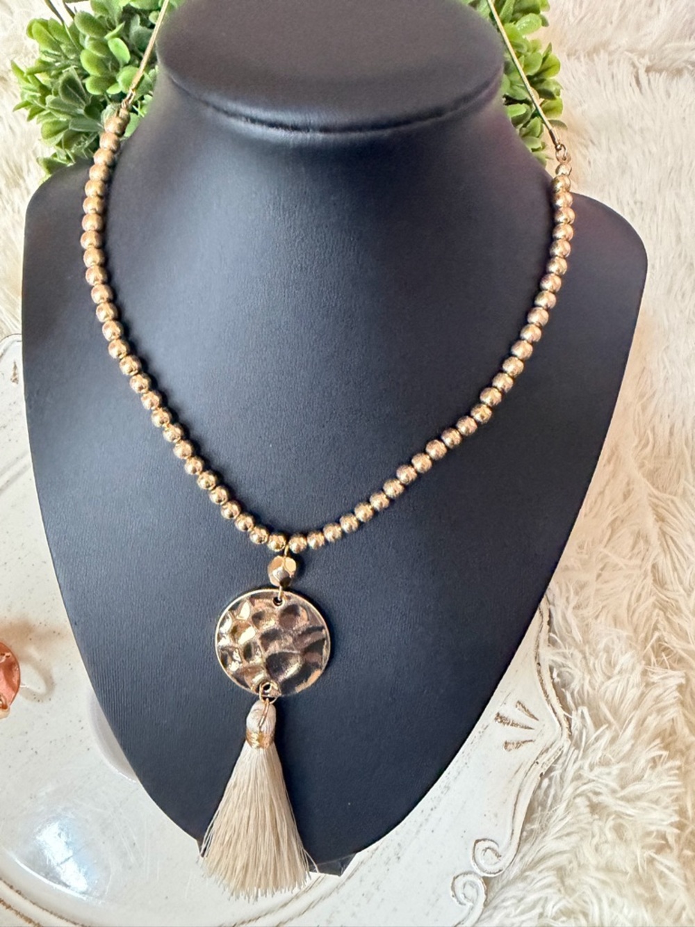 Gold Beaded Pendant Necklace with Cream Tassel